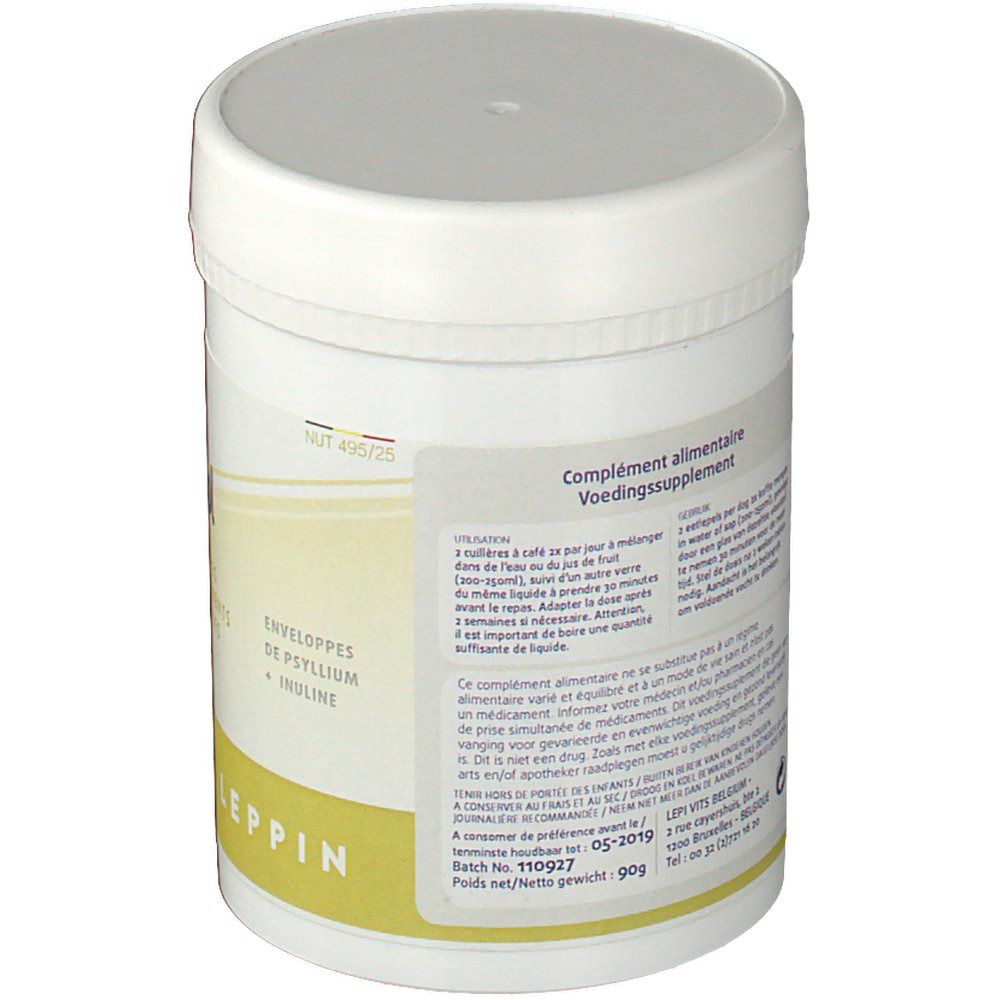 Barattolo bianco con coperchio. Adesivo con testo. Scritta: complément alimentaire, Voedingssupplement. 90g.