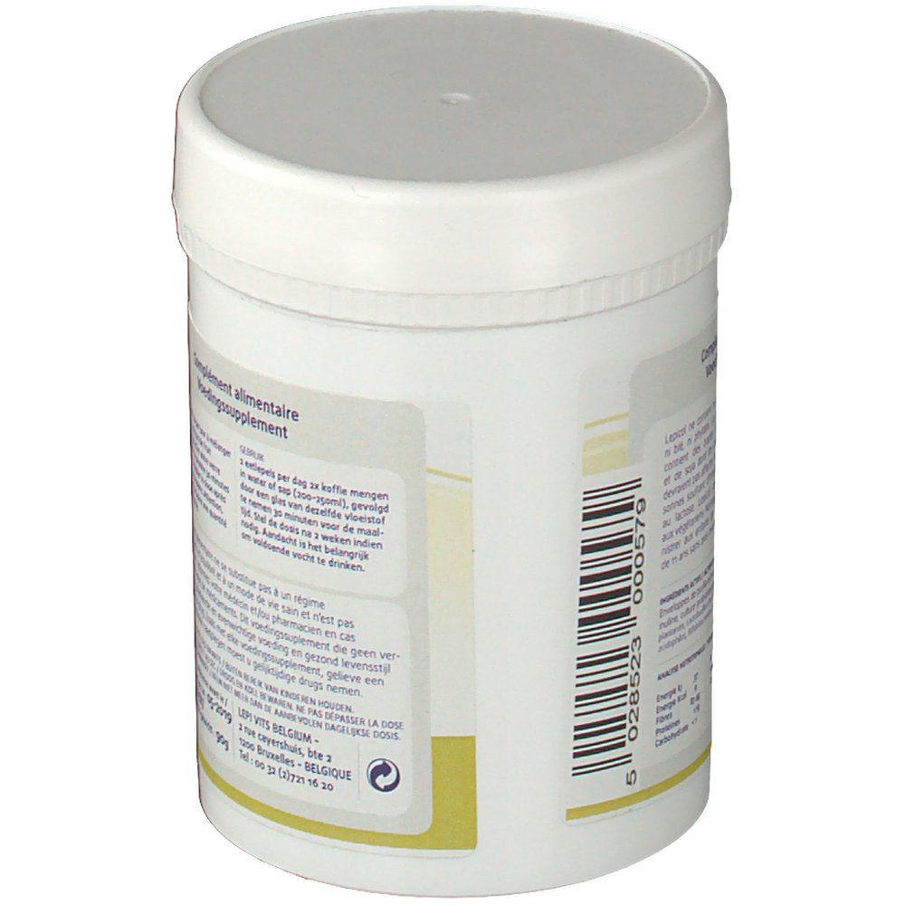 Barattolo bianco con coperchio. Adesivo con testo. Codice a barre e testo. Scritta: complément alimentaire, Voedingssupplement.