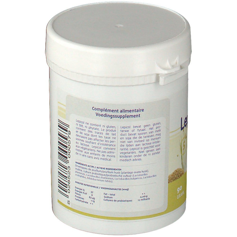 Barattolo bianco con coperchio. Adesivo con testo. Scritta: complément alimentaire, Voedingssupplement. 90g.