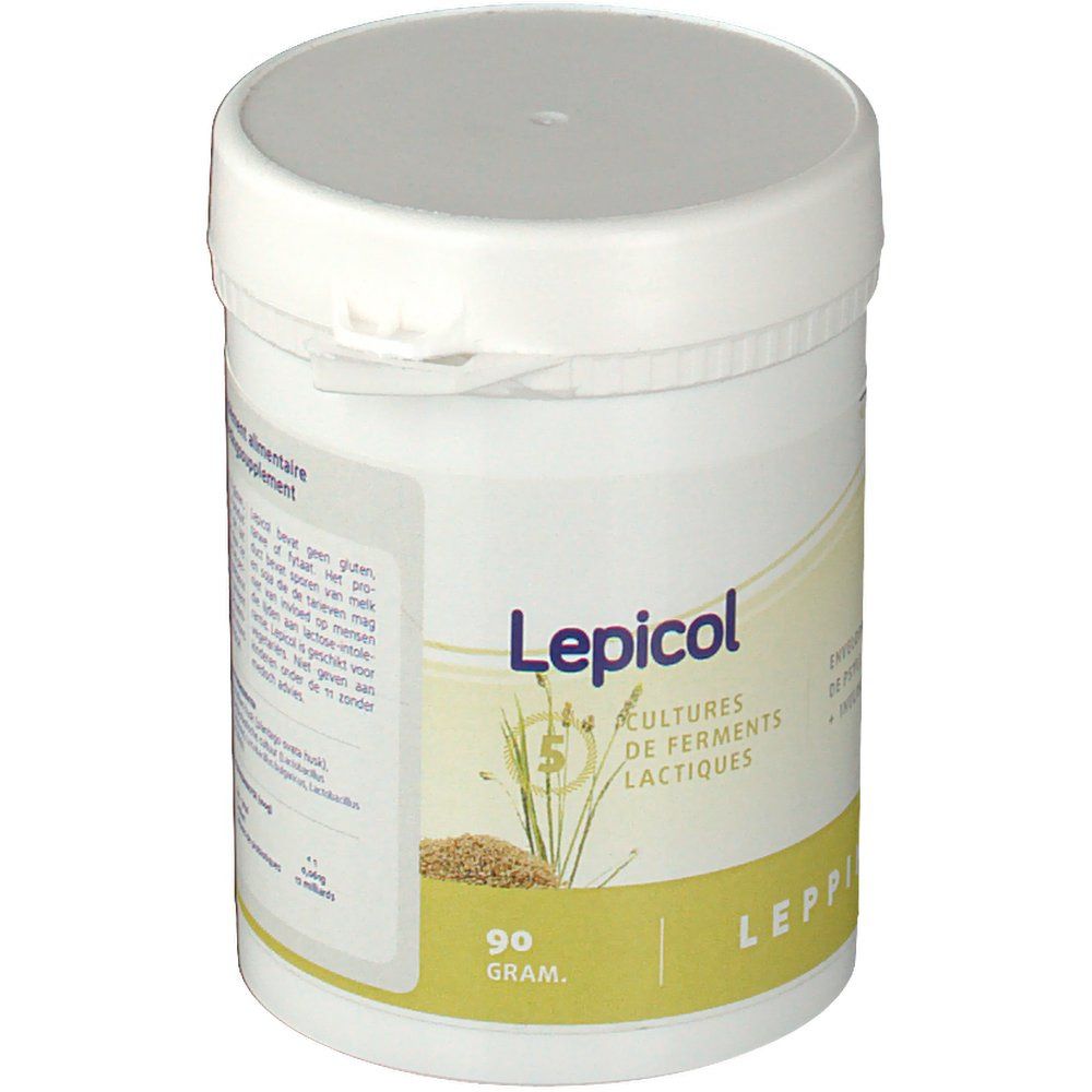 Barattolo bianco con coperchio. Scritta Lepicol, culture, 90 grammi. Striscia gialla con testo e logo.