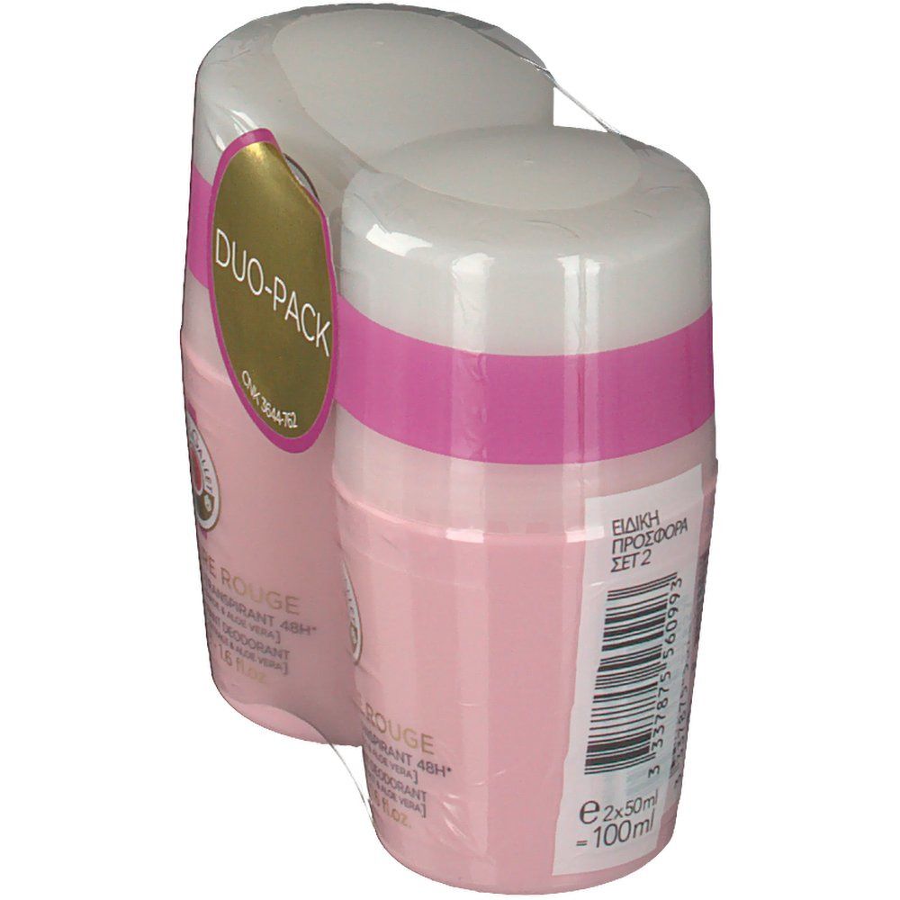 Due deodoranti roll-on rosa in confezione. Coperchio bianco, fascia rosa. Scritta: Duo-Pack. Testo sul retro.