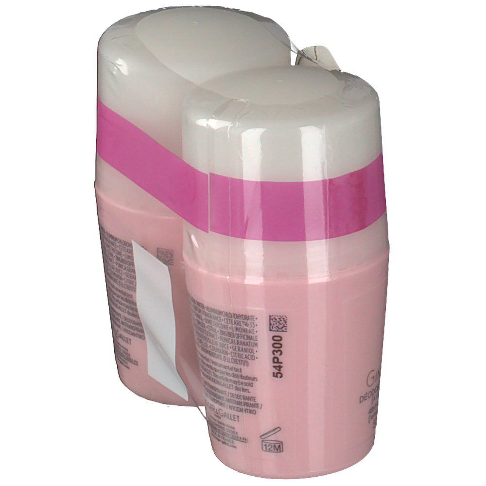 Due deodoranti roll-on rosa in confezione. Coperchio bianco, fascia rosa. Testo sul retro.