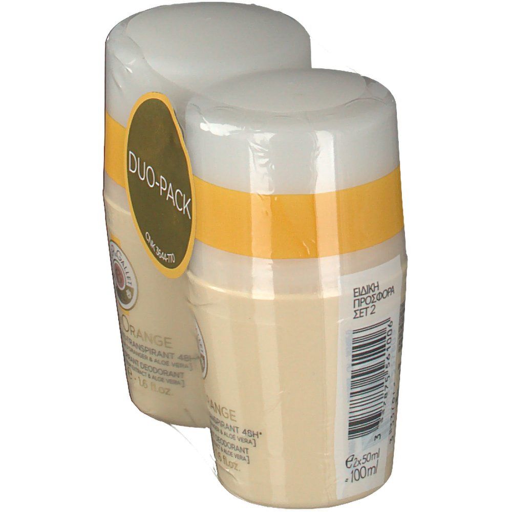 Confezione duo di deodoranti roll-on. Flaconi beige con tappi bianchi e fascia gialla. Scritta: Roger & Gallet Bois D'Orange. Confezione Duo-Pack.