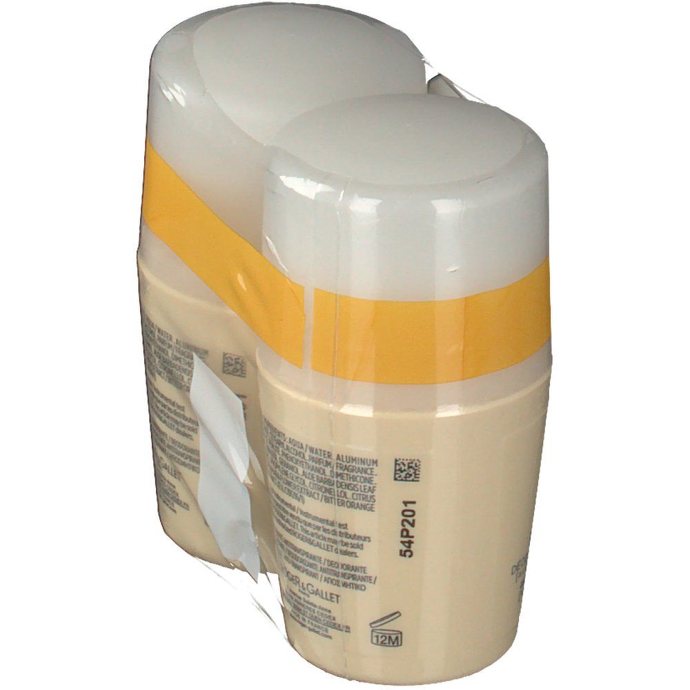 Confezione duo di deodoranti roll-on. Flaconi beige con tappi bianchi e fascia gialla. Scritta: Roger & Gallet Bois D'Orange. Confezione Duo-Pack.