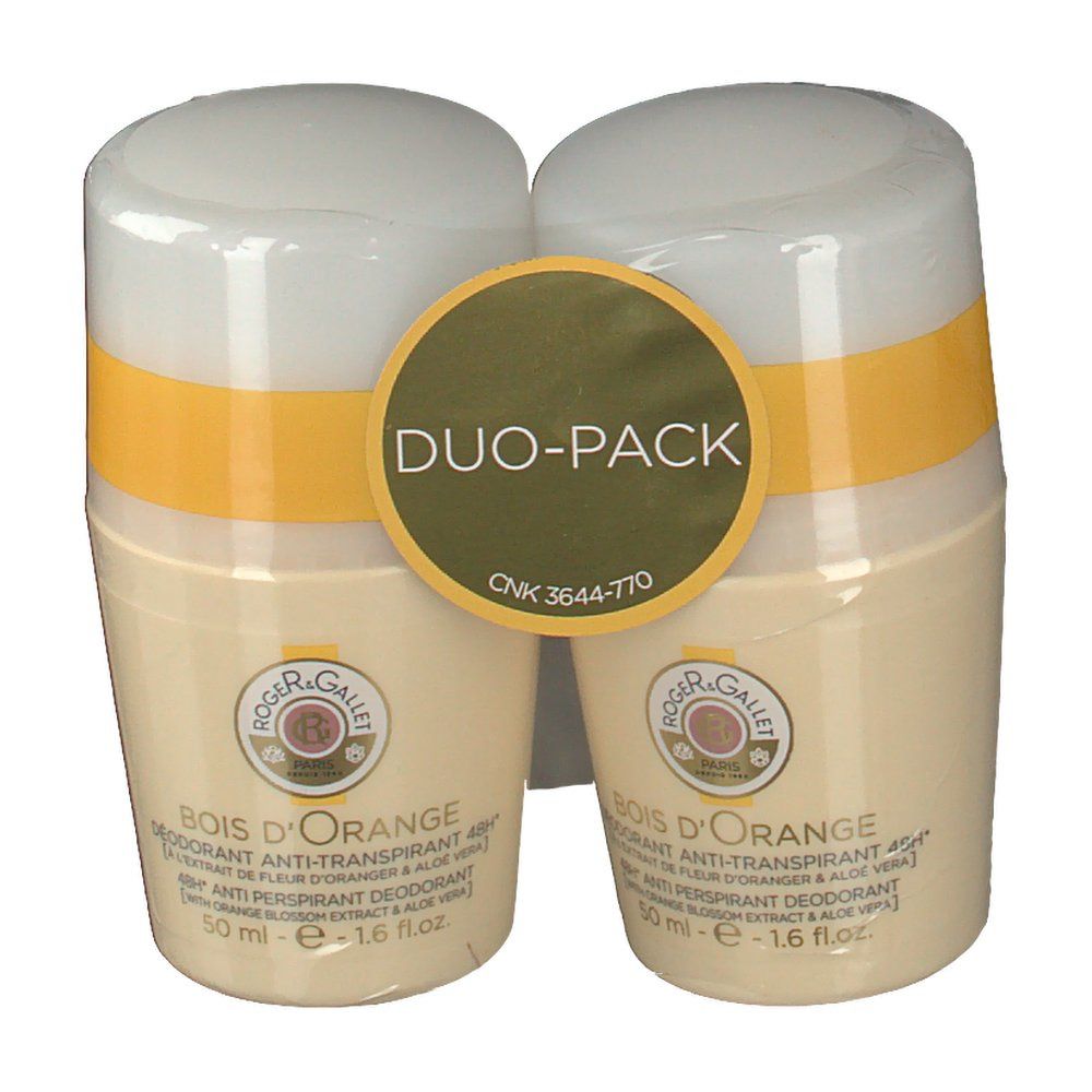 Confezione duo di deodoranti roll-on. Flaconi beige con tappi bianchi e fascia gialla. Scritta: Roger & Gallet Bois D'Orange. Confezione Duo-Pack.