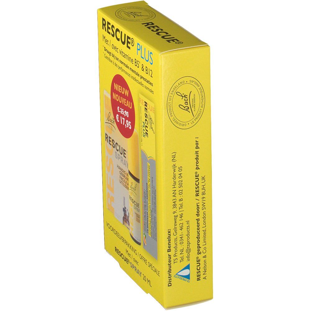 Confezione gialla "Rescue Plus". Vista laterale. Contiene "Rescue Spray" e caramelle. Con testo: "Nieuw Nouveau".