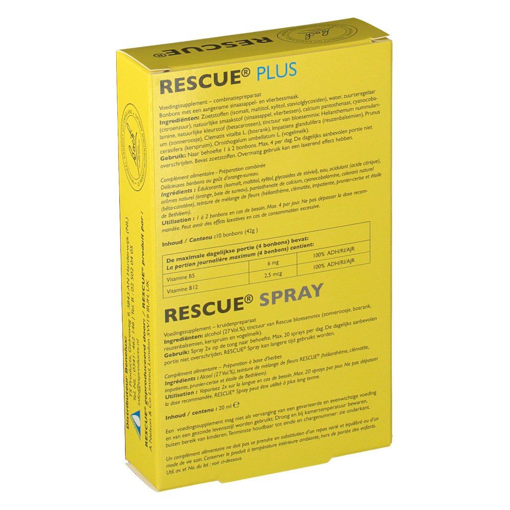 Retro della confezione gialla "Rescue Plus". Testo multilingue. Contiene informazioni sugli ingredienti e l'uso.