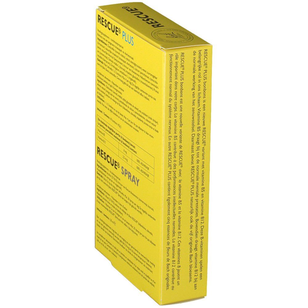 Vista laterale della confezione gialla "Rescue Plus". Testo multilingue. Contiene informazioni sugli ingredienti e l'uso.