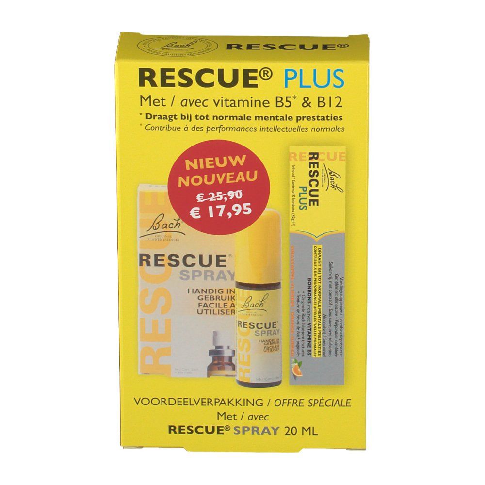 Confezione gialla "Rescue Plus" e "Rescue Spray". Contiene un flacone spray e una confezione di caramelle. Con etichetta prezzo.