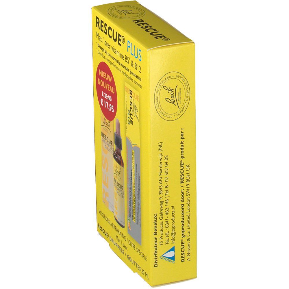 Confezione gialla, vista laterale. Scritta: RESCUE PLUS, Bach. Contiene gocce e caramelle.