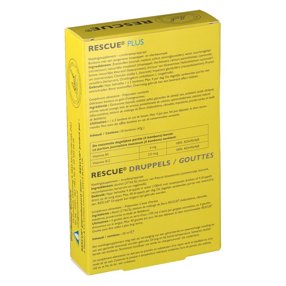 Retro della confezione gialla. Contiene informazioni sugli ingredienti e sui valori nutrizionali. Scritta: RESCUE PLUS.