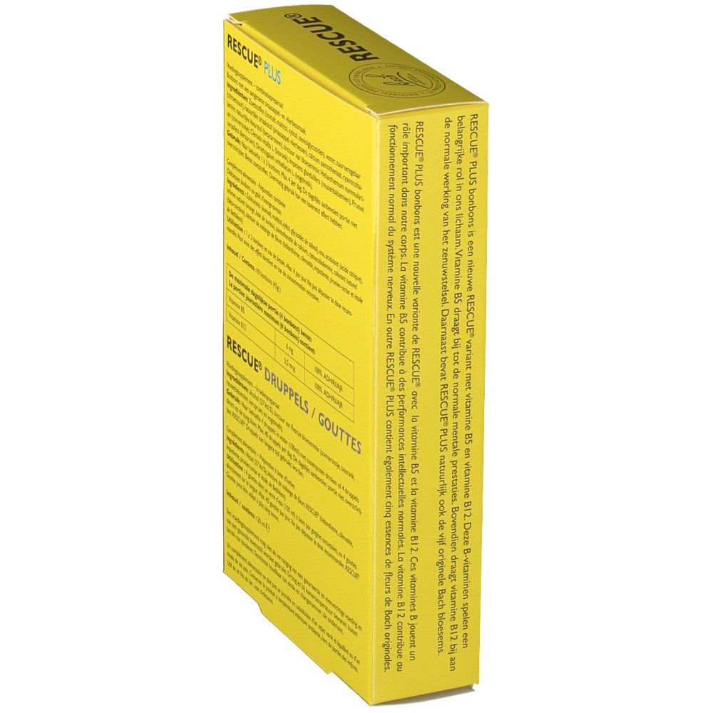 Vista laterale della confezione gialla. Contiene informazioni sugli ingredienti e sui valori nutrizionali. Scritta: RESCUE PLUS.