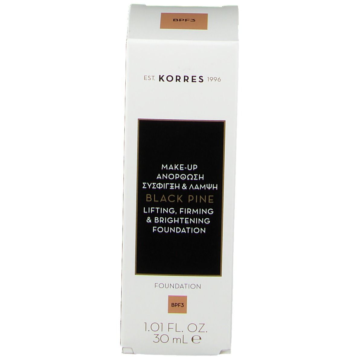Confezione del fondotinta Korres Black Pine. Scatola bianca con nome del prodotto e BPF3. Testo: Foundation, 1.01 FL. OZ. 30 mL.