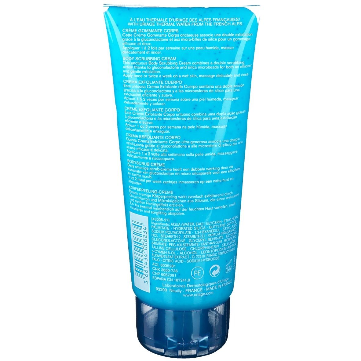 Uriage Crema Gommante Corpo. Tre prodotti: scrub, olio detergente, lozione. Tubo blu.