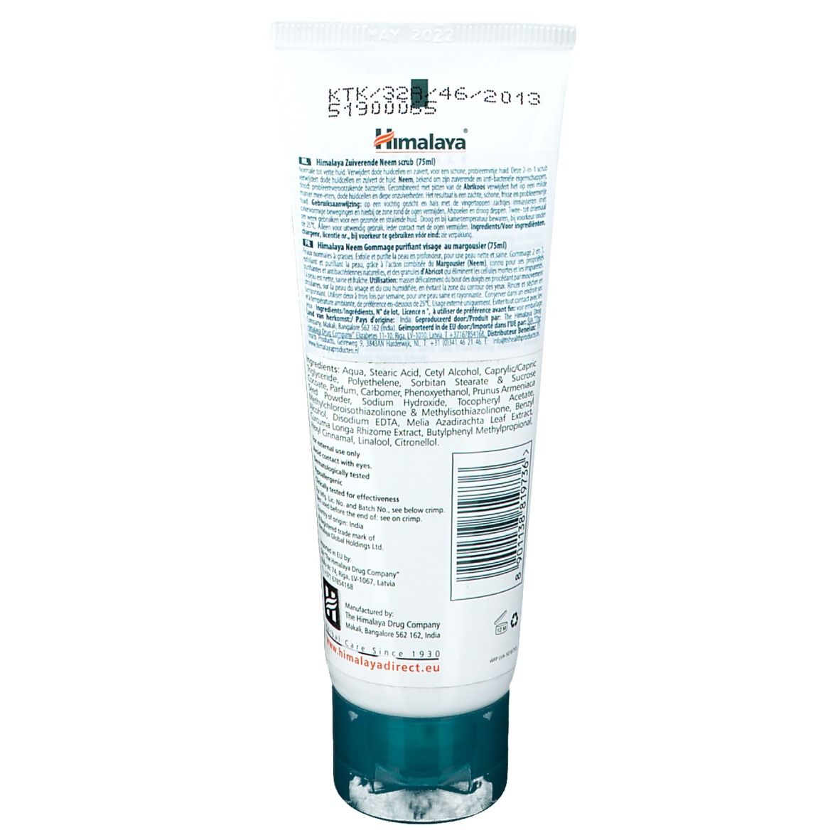 Tubo bianco e verde. Testo: Himalaya, ingredienti, istruzioni per l'uso. Stampe: KTK/32, 46/2013, S1900065.