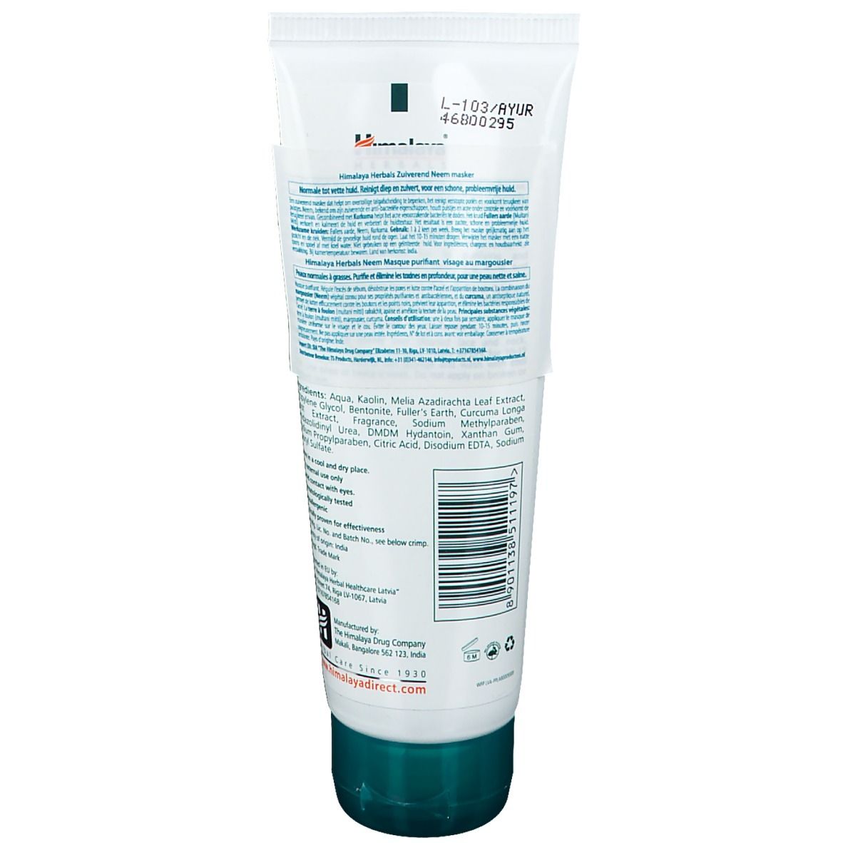 Retro della maschera viso Himalaya Herbals Neem. Testo e codice a barre sul tubo.