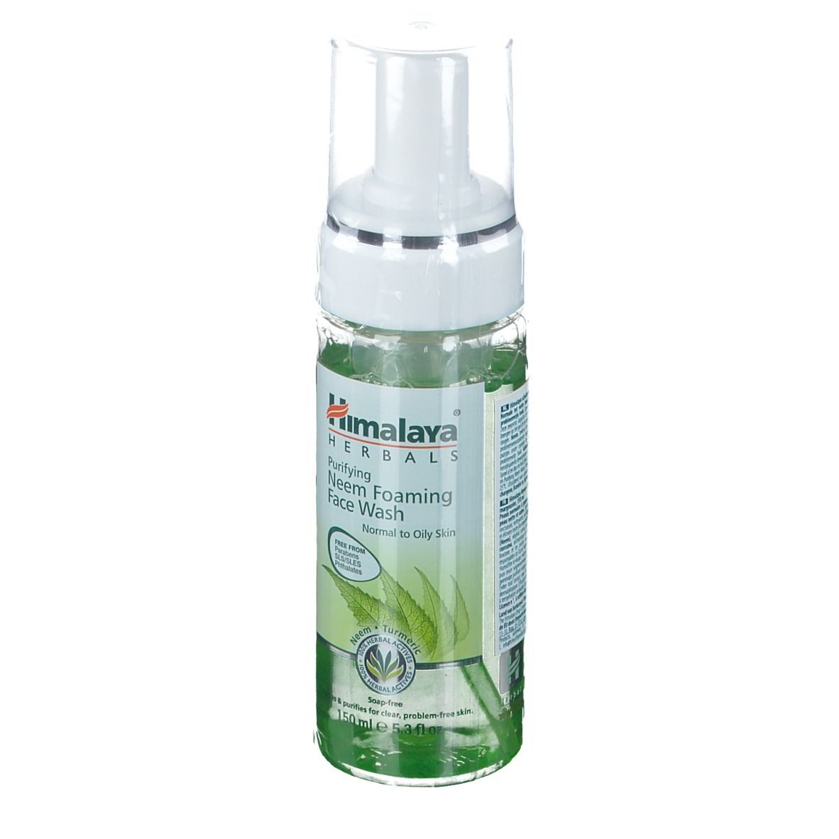 Flacone trasparente con dosatore bianco. Scritta: Himalaya Herbals, Purifying Neem Foaming Face Wash. Per pelli da normali a oleose.