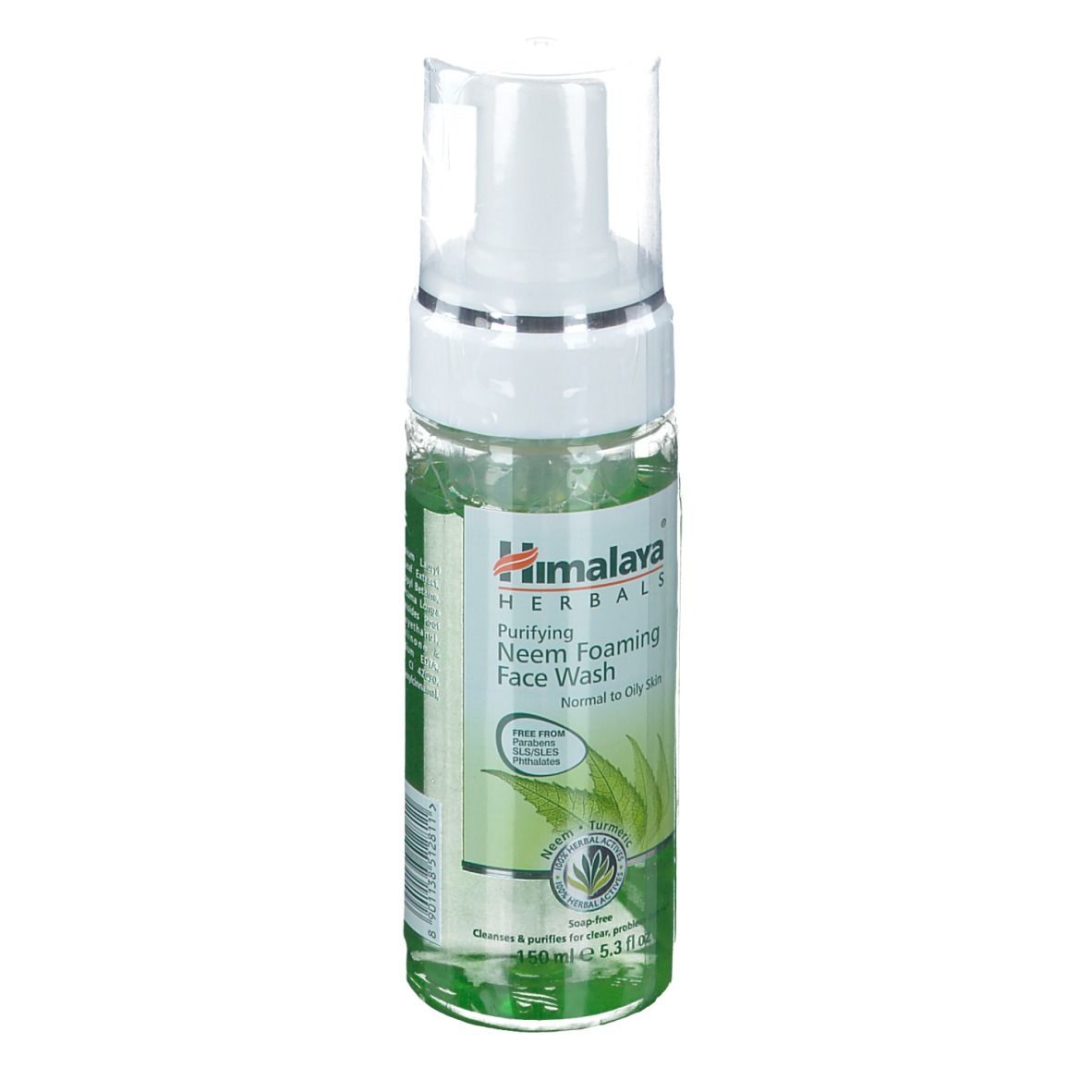 Flacone trasparente con dosatore bianco. Scritta: Himalaya Herbals, Purifying Neem Foaming Face Wash. Per pelli da normali a oleose.