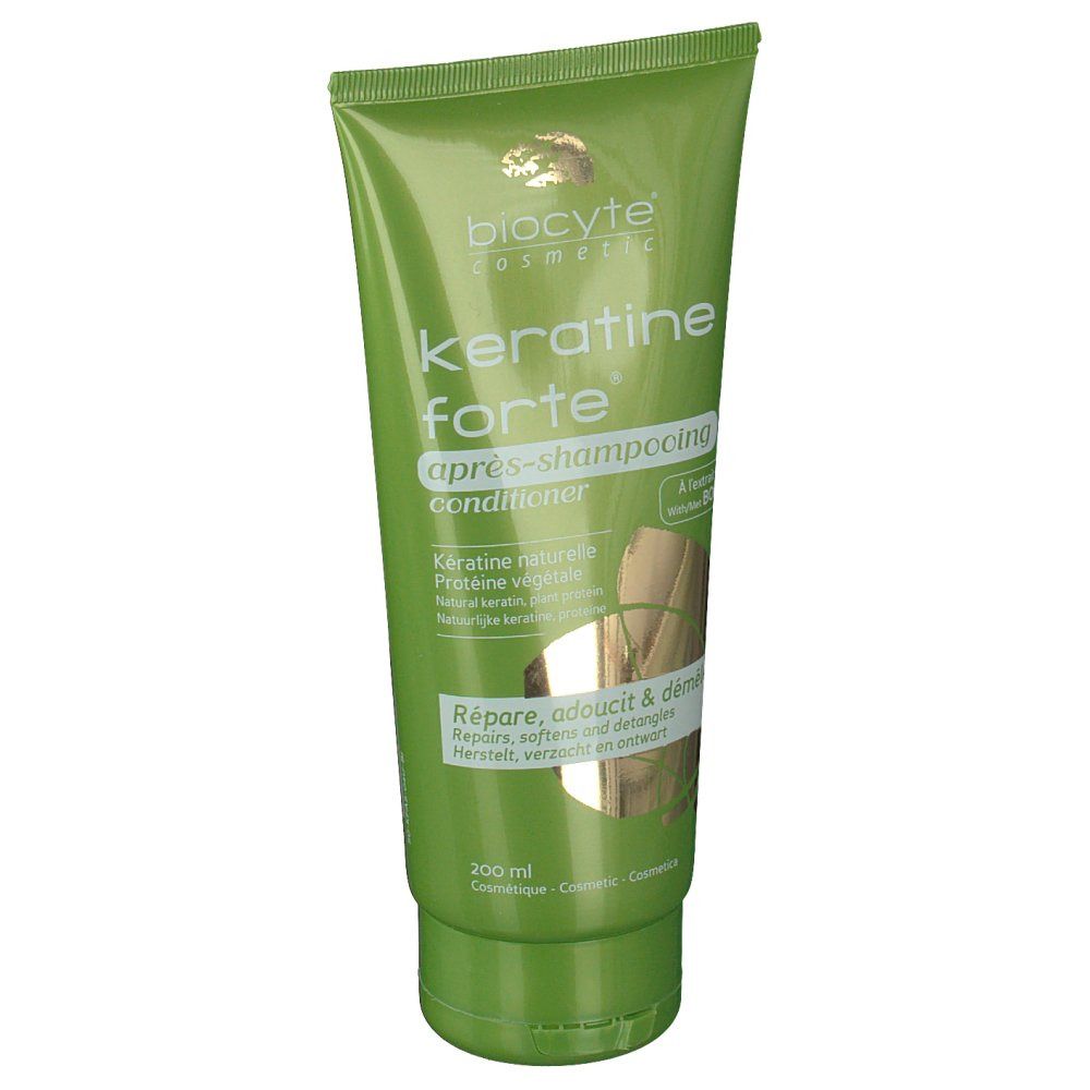 Tubo verde "Biocyte Keratine forte" conditioner. Scritte in bianco e oro. 200 ml.