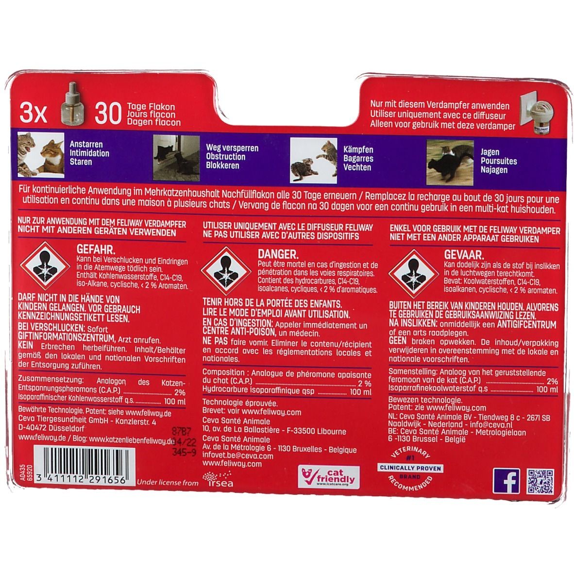 Retro confezione FELIWAY FRIENDS. Contiene avvertenze e informazioni per l'uso.