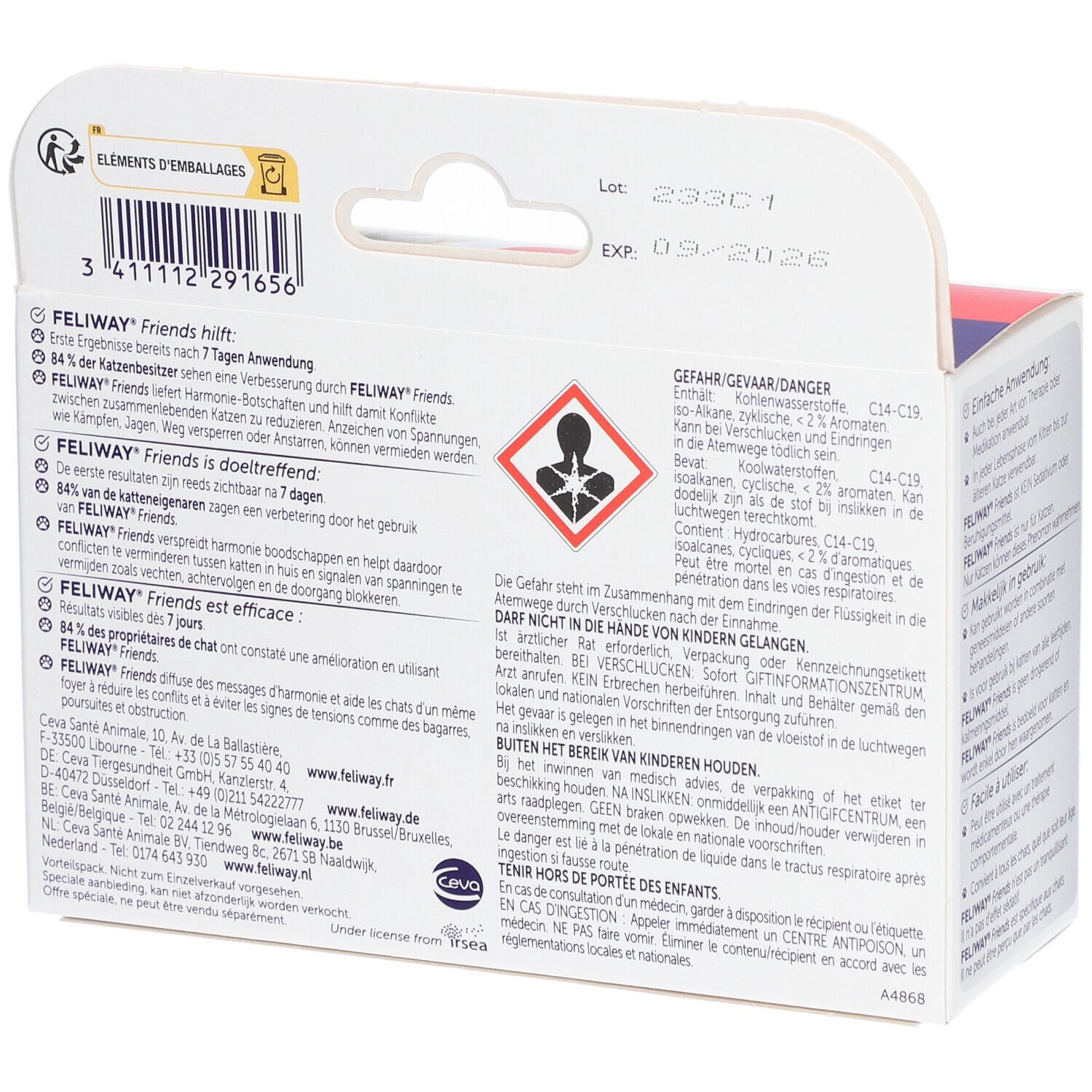 Retro confezione FELIWAY FRIENDS. Informazioni per l'uso e avvertenze.