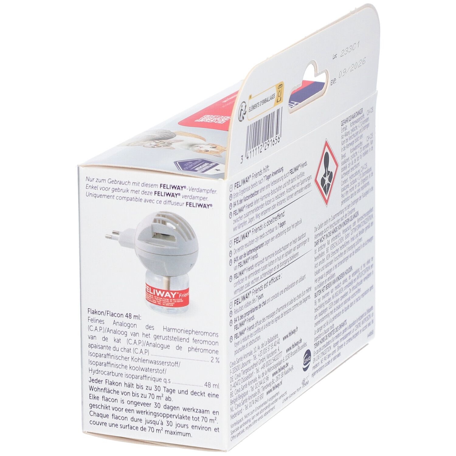 Ricarica e diffusore FELIWAY FRIENDS. Illustra l'uso del prodotto.