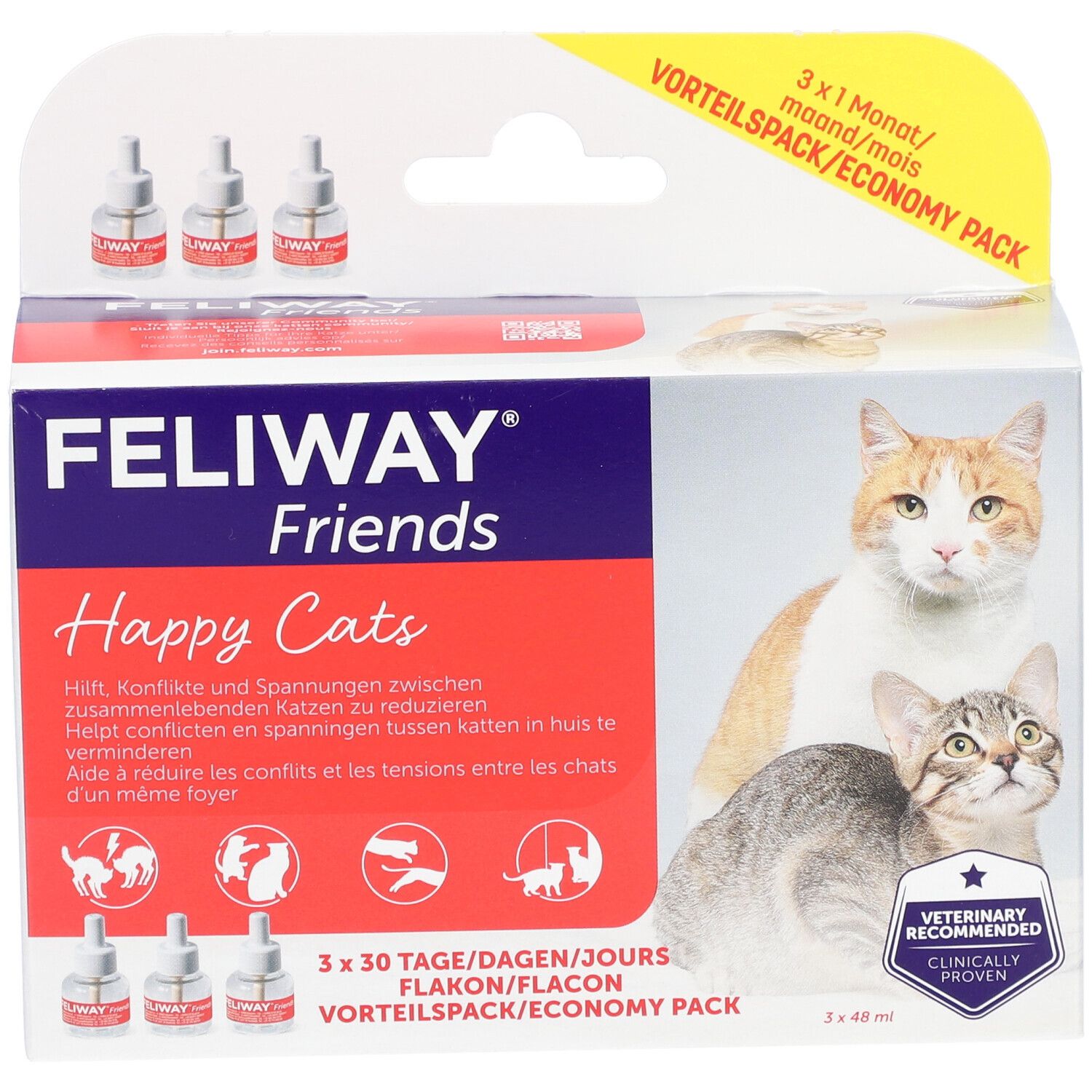 Confezione FELIWAY FRIENDS. Ricariche 3x30 giorni. Con immagini di gatti.