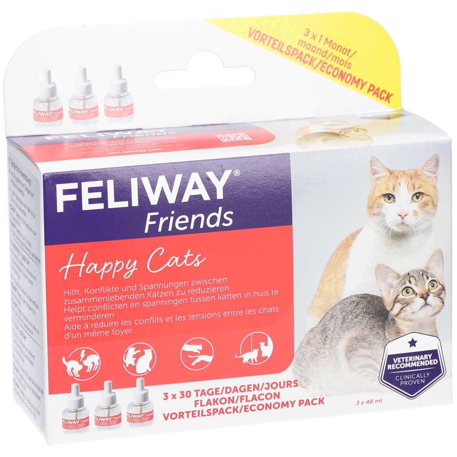 Confezione FELIWAY FRIENDS. Ricariche 3x30 giorni. Con immagini di gatti.