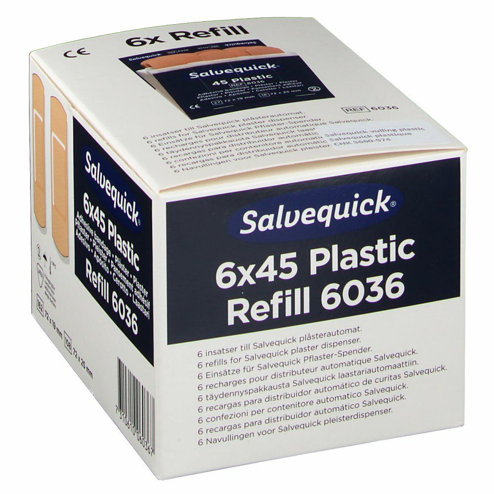 Ricarica Salvequick 6x45 Plastic 6036. Scatola con cerotti. Scritta: 6 refills for Salvequick plaster dispenser.