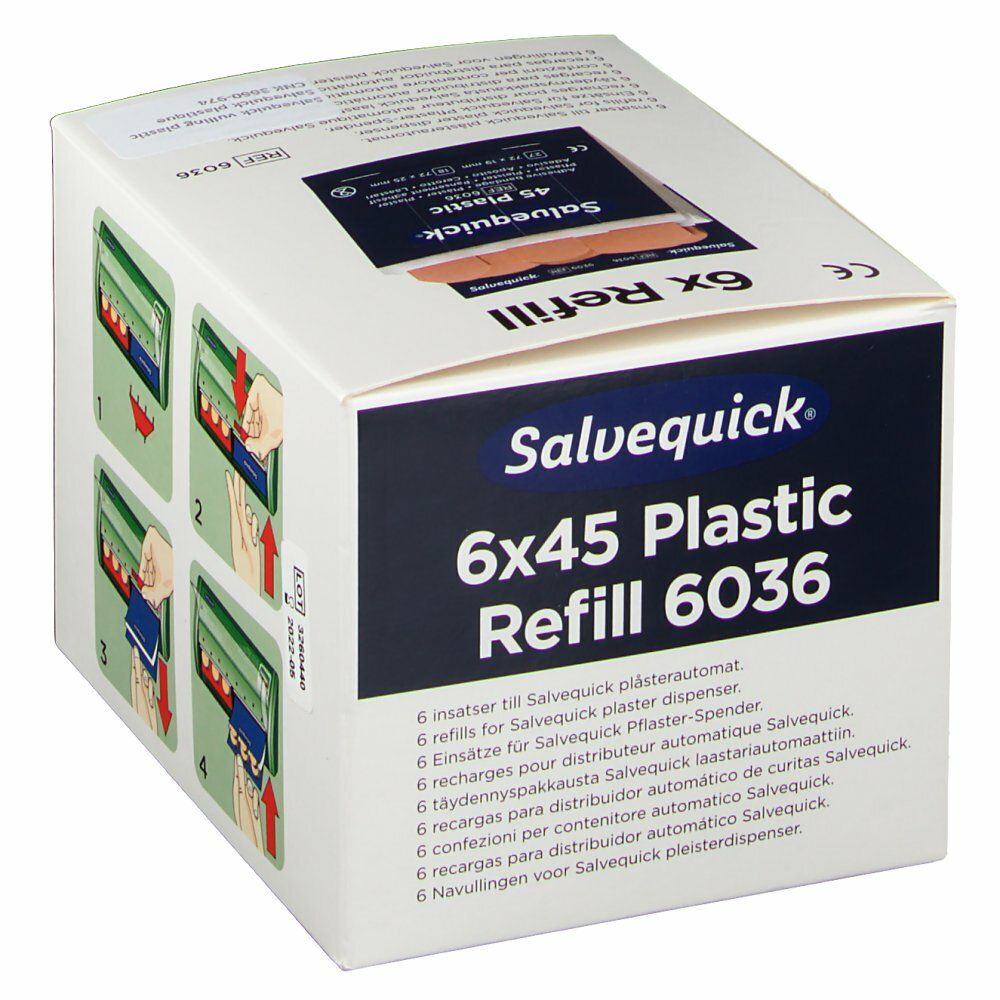 Ricarica Salvequick 6x45 Plastic 6036. Scatola con cerotti. Illustrazioni per l'uso. Scritta: 6 refills for Salvequick plaster dispenser.
