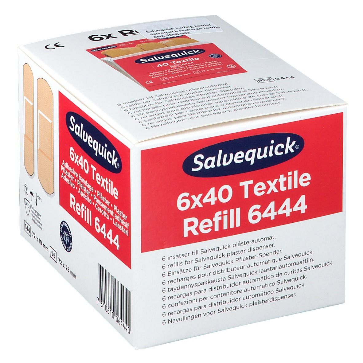 Scatola di ricarica per cerotti tessili Salvequick. Scritte: 6x40 Textile, Refill 6444, testo multilingue.