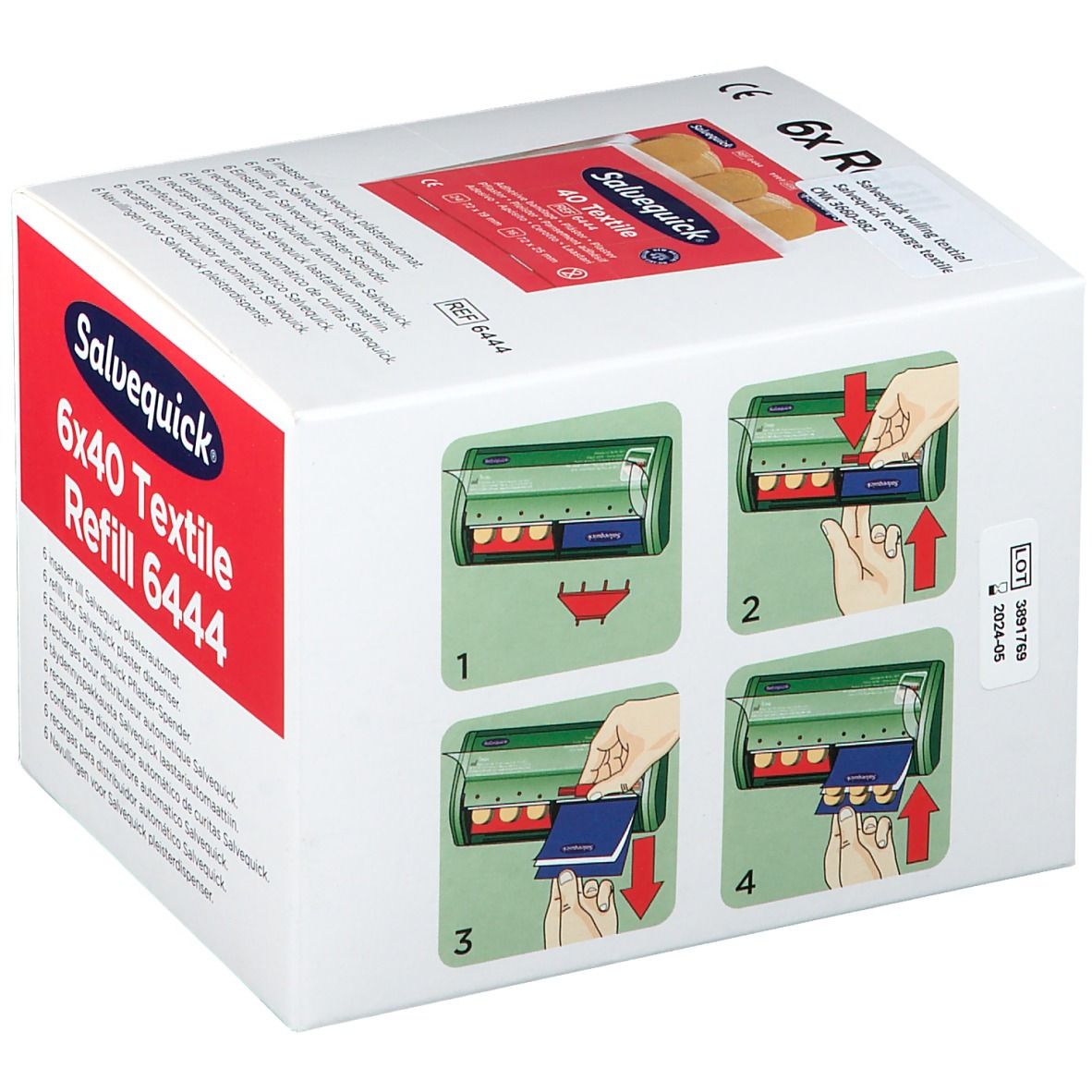 Scatola di ricarica per cerotti tessili Salvequick. Illustrazione dell'estrazione dei cerotti dal dispenser.