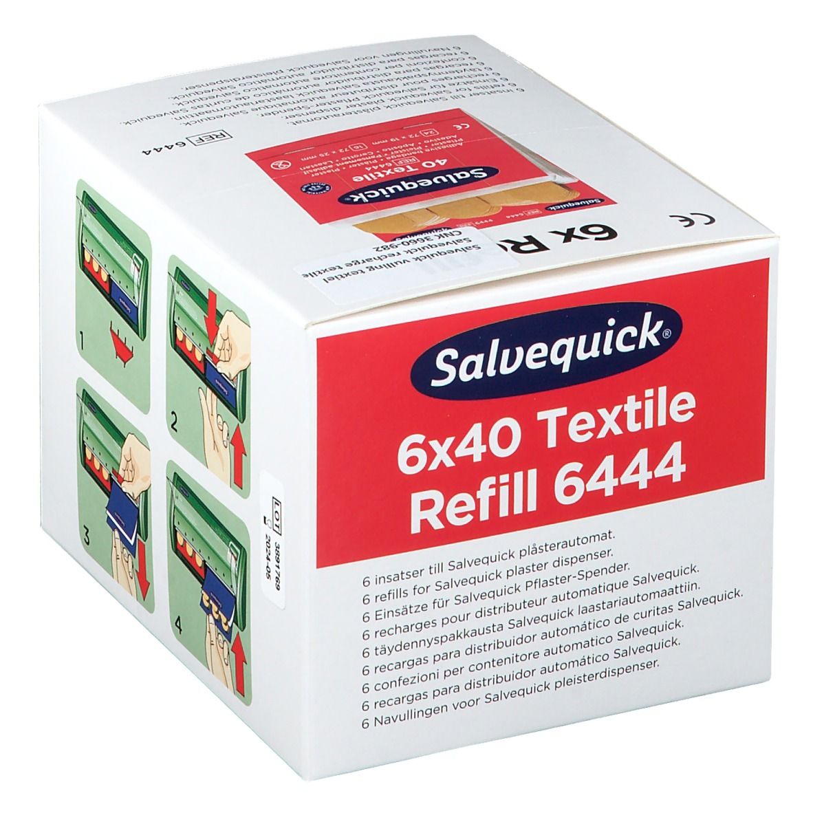 Scatola di ricarica per cerotti tessili Salvequick. Illustrazione dell'estrazione dei cerotti dal dispenser.