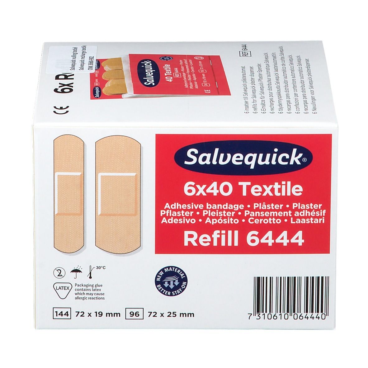 Scatola di ricarica per cerotti tessili Salvequick. Scritte: 6x40 Textile, Refill 6444, illustrazione cerotti, indicazioni dimensioni.