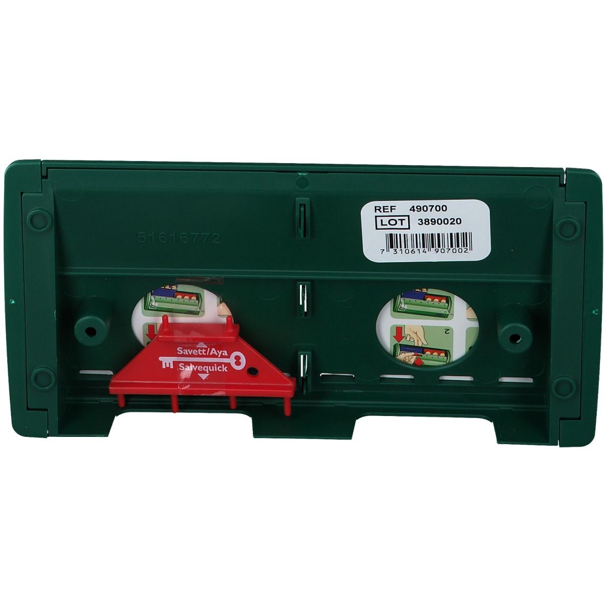 Retro dell'erogatore Salvequick. Verde, con incavi e sistema di prelievo rosso. Etichetta con riferimento e numero di lotto.