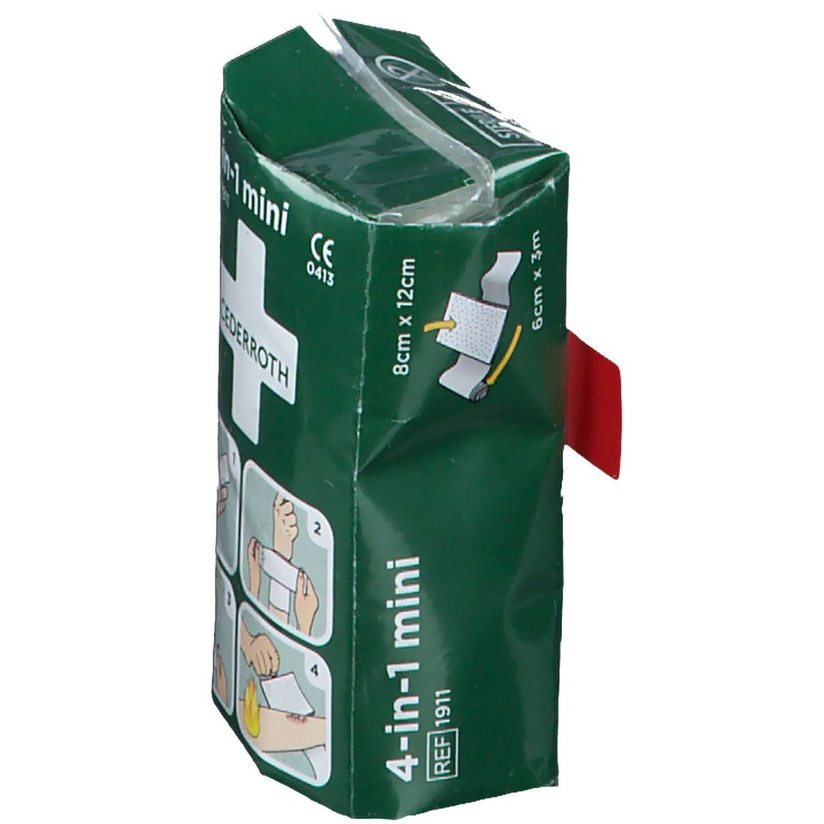 Vista laterale della confezione verde. Contiene materiale per bendaggi. Nome prodotto: Cederroth 4-in-1 mini. Dimensioni: 8cm x 12cm, 6cm x 3m.