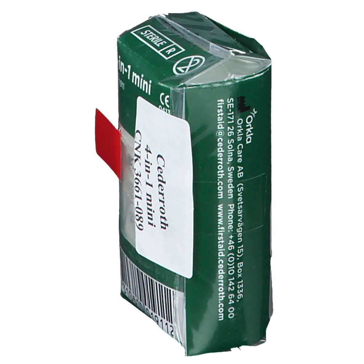 Vista posteriore della confezione verde con etichetta. Nome prodotto: Cederroth 4-in-1 mini. Informazioni del produttore. Marchio sterile.