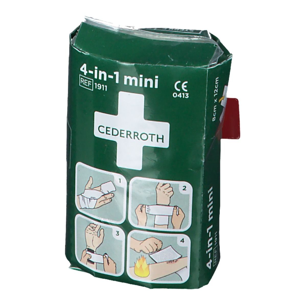 Confezione verde con croce bianca e testo. Illustrazioni d'uso. Nome prodotto: Cederroth 4-in-1 mini. Dimensioni: 8cm x 12cm.