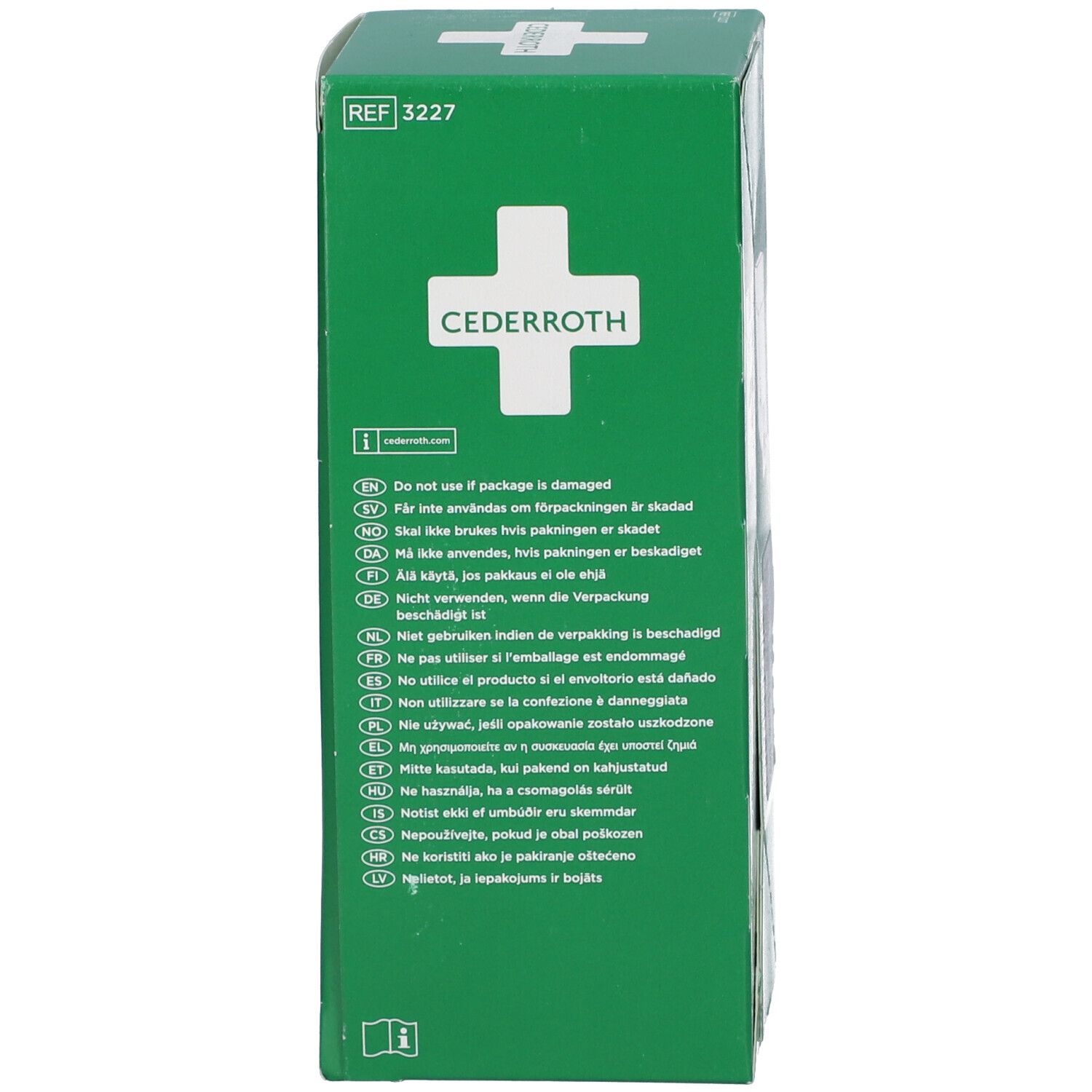 Scatola verde con croce bianca e logo "CEDERROTH". Istruzioni testuali multilingue sull'utilizzo in caso di confezione danneggiata.