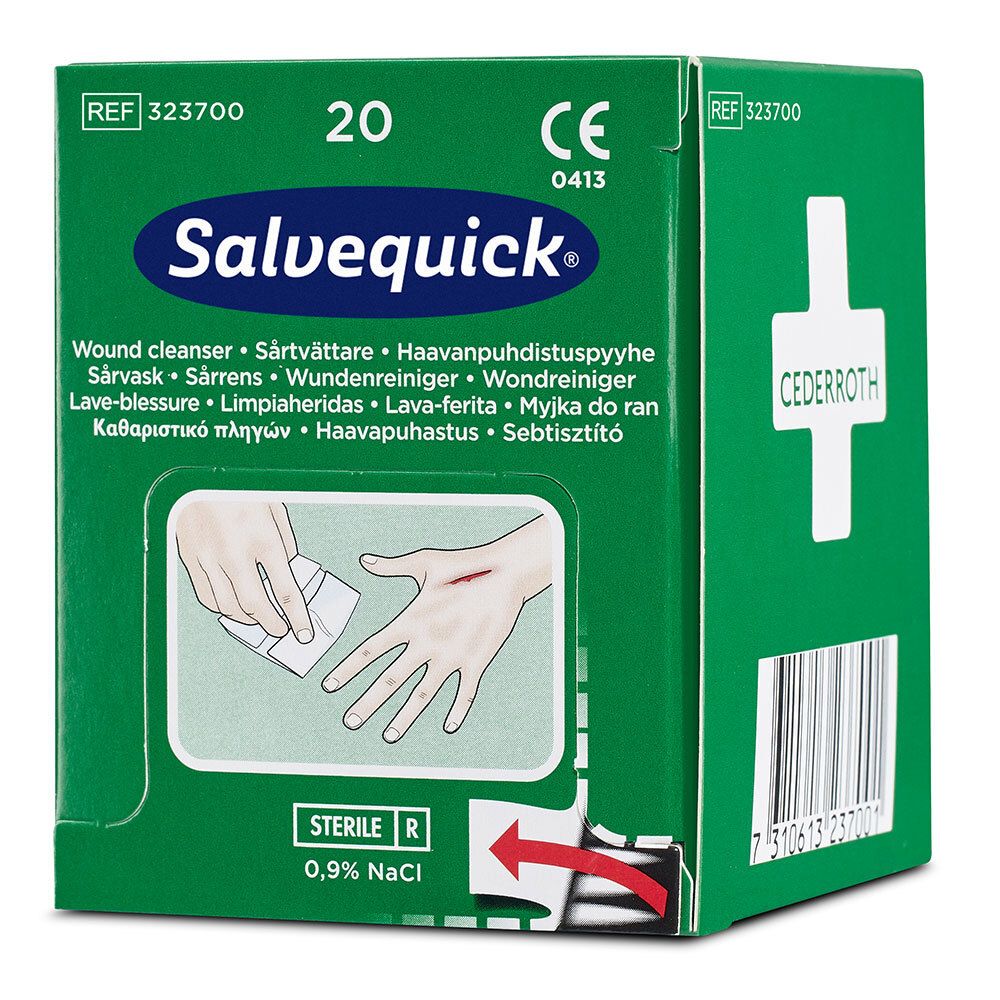 Salviettine detergenti per ferite Salvequick. Scatola verde con 20 salviette. Illustrazione mano ferita.