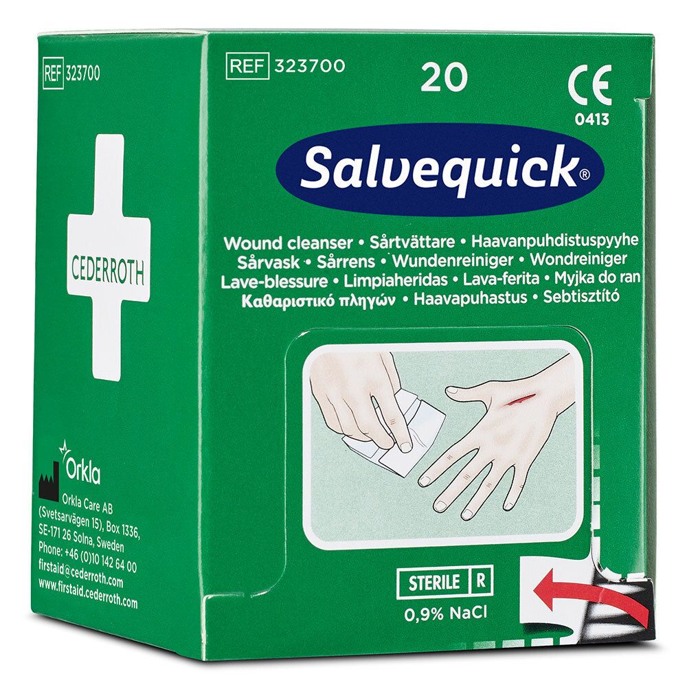 Salviettine detergenti per ferite Salvequick. Scatola verde con 20 salviette. Logo Cederroth. Illustrazione mano ferita.