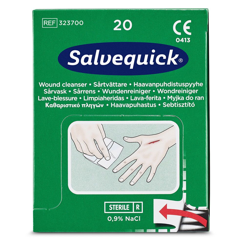 Salviettine detergenti per ferite Salvequick. Scatola verde con 20 salviette. Illustrazione mano ferita.