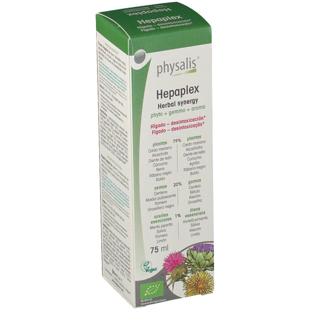 Scatola Physalis Hepaplex Bio. Design verde e bianco. Testo: Hepaplex, Herbal synergy, 75 ml, logo Vegan. Piante, gemme, oli essenziali.