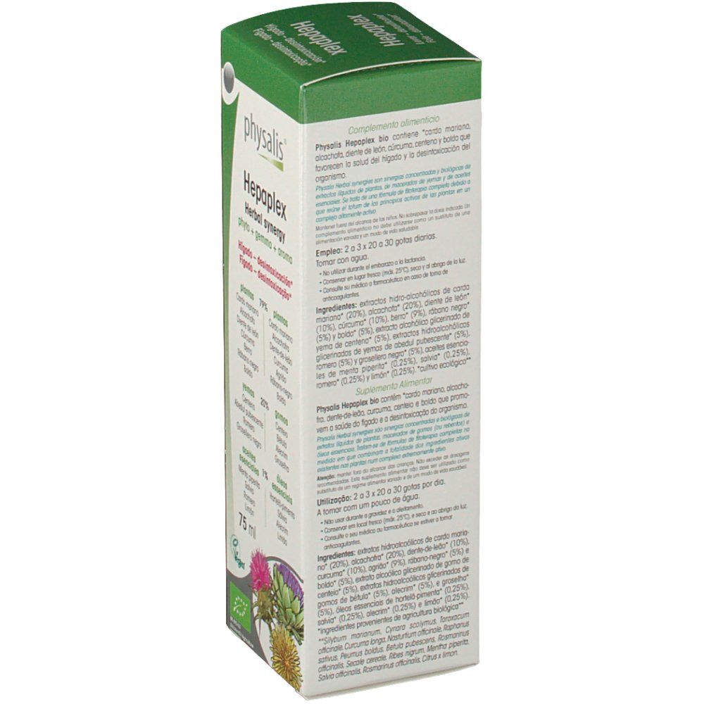 Retro della scatola Physalis Hepaplex Bio. Testo: dosaggio, ingredienti, informazioni produttore. Design verde e bianco. Logo Vegan.