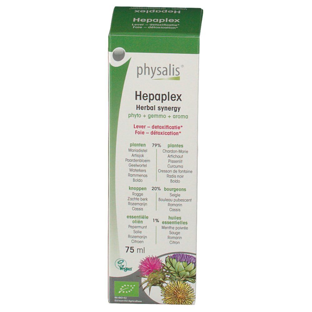Scatola Physalis Hepaplex Bio. Design verde e bianco. Testo: Hepaplex, Herbal synergy, 75 ml, logo Vegan. Piante, gemme, oli essenziali.