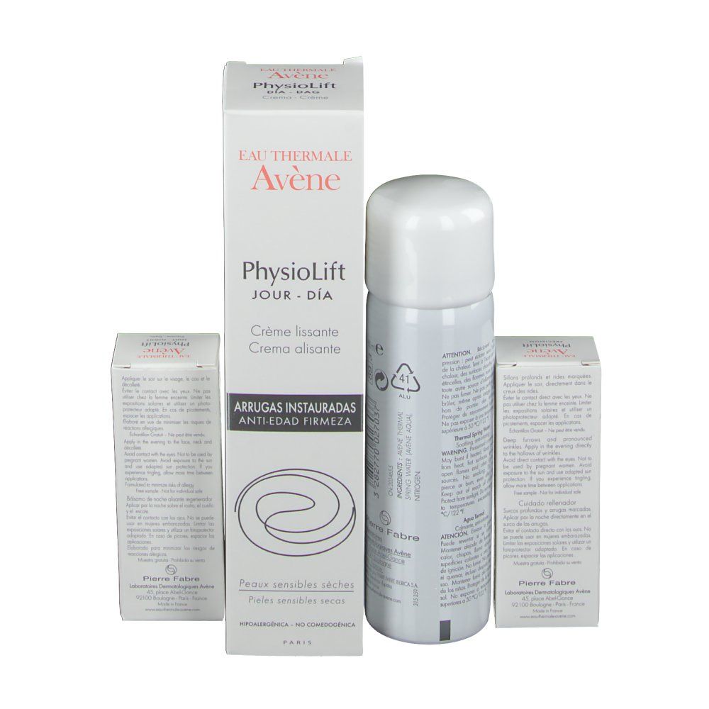 Un flacone e due scatole. Sul flacone si legge "Eau Thermale Avène". Sulle scatole si legge "Physiolift".