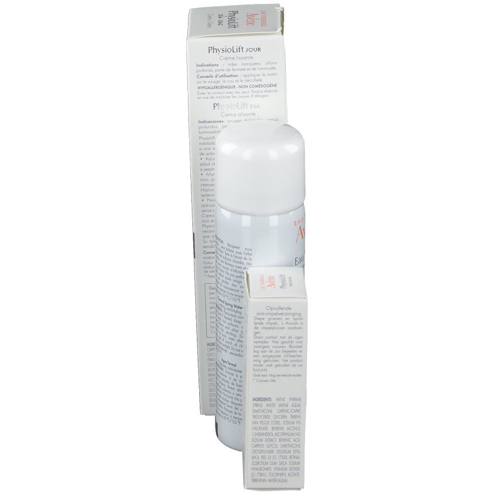 Un flacone e due scatole. Sul flacone si legge "Eau Thermale Avène". Sulle scatole si legge "Physiolift".