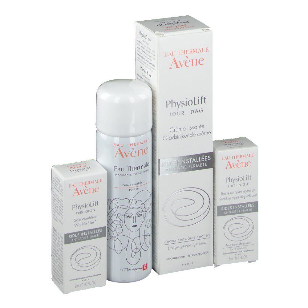 Un flacone e due scatole. Sul flacone si legge "Eau Thermale Avène". Sulle scatole si legge "Physiolift".