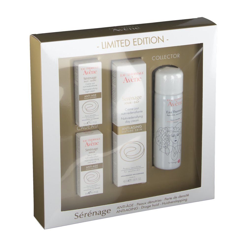 Cofanetto regalo Sérénage. Contiene creme e spray. Con finestra trasparente. Scritte: Sérénage, Anti-Age.