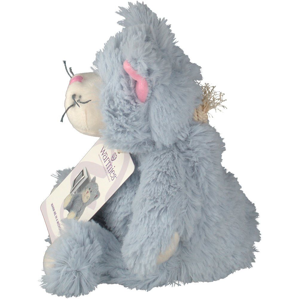 Gatto di peluche grigio, vista laterale. Orecchio rosa, etichetta con logo. Testo: "Warmies".